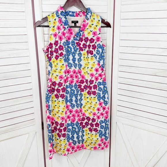 Talbots Petite Floral Eyelet Ruffle Trim Neck Sleeveless Dress White Multi 2P - Picture 10 of 15